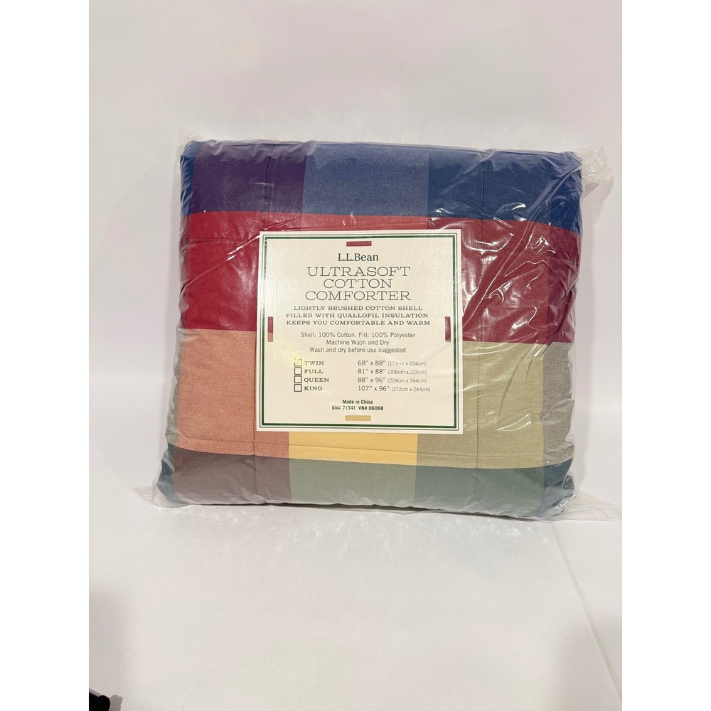 LL Bean Ultrasoft Cotton Comforter Twin Multi Color Plaid Quallofil Insulation